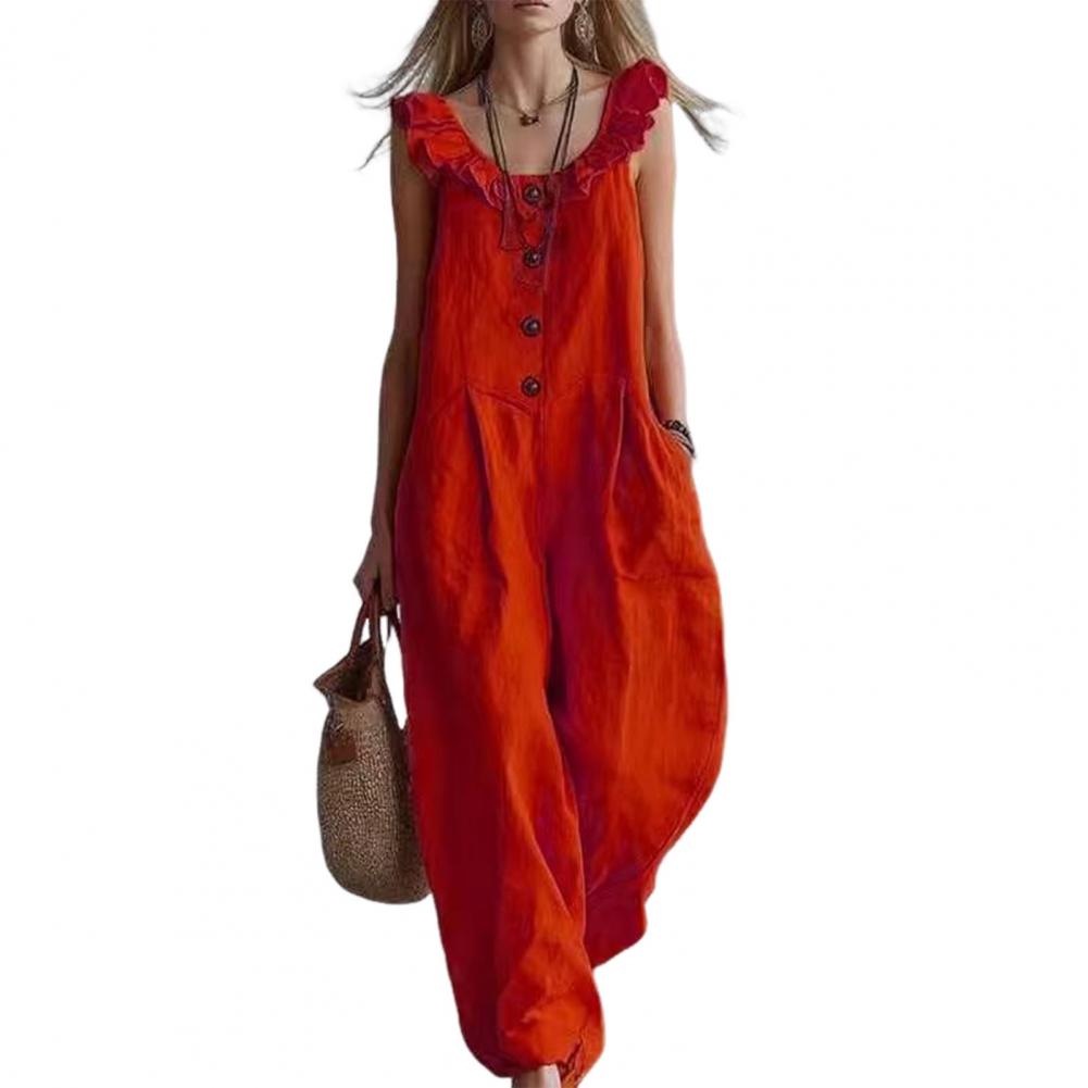 Jumpsuit Linen Relaxed - Macacão feminino com babados e gola