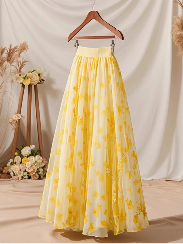 Saia Midi Feminina Amarela de  - Midi Skirt Floral avaliação e preço