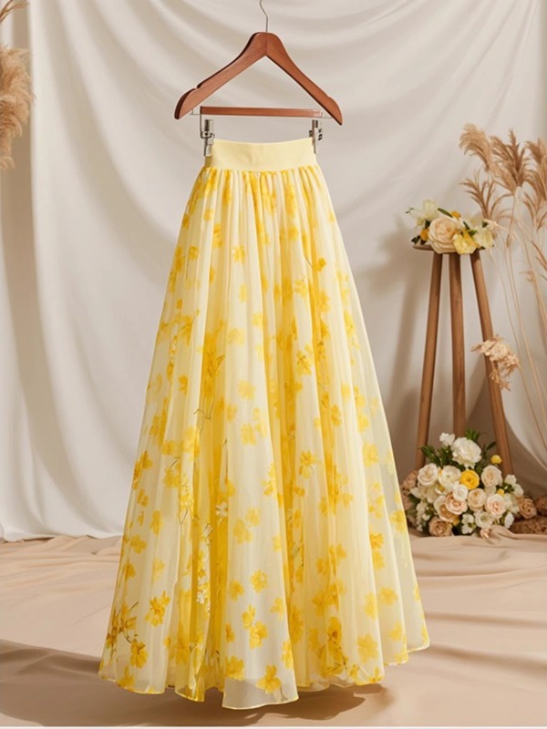 Saia Midi Feminina Amarela de  - Midi Skirt Floral avaliação e preço
