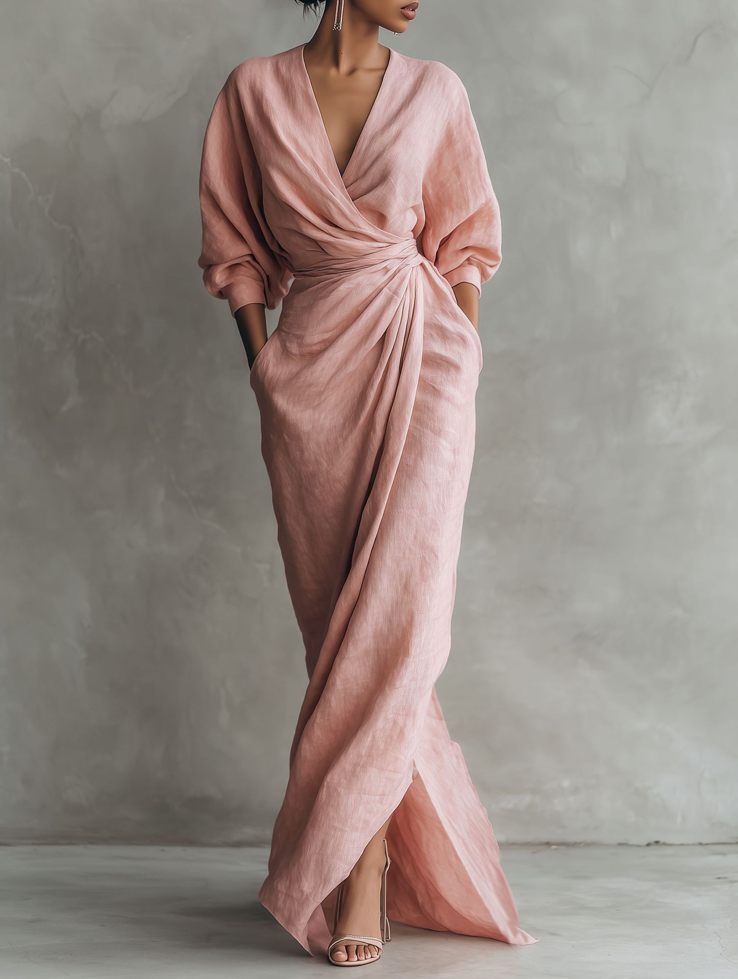 Vestido Maxi Feminino Elegante - Linen Dress Wrap avaliação e preço