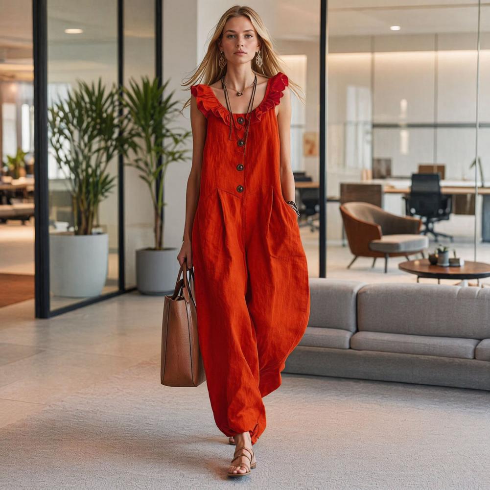 Macacão feminino com babados e - Jumpsuit Linen Relaxed avaliação e preço